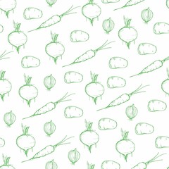 Vector Hand drawn outline seamless pattern with contour carrots, onion, beet, potato. Green Monochrome. Vegetables digital paper. Packaging, scrapbooking, party decor, wrapping, textile, wallpaper