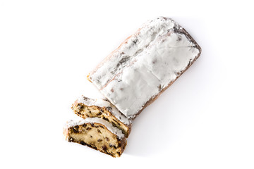 Christmas stollen fruit slice isolated on white background. Top view