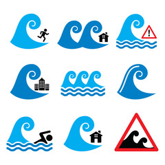 Tsunami, big wave warning, natural disaster icons set - global warning, nature concept
 
Vector color icons set - waves, tsunami, big water isolated on white
 