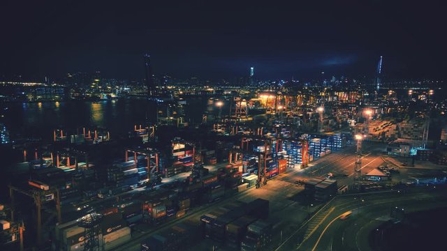 Night Time Time-lapse Of Tsing Yi Container Terminal In Hong Kong 