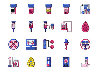 20 outline color icon design of medical hematology and health science on white background.  - obrazy, fototapety, plakaty