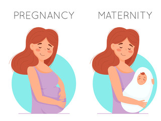 pregnant woman and a woman with a newborn baby in her arms. Cartoon flat illustration