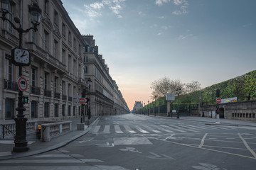 Sunrise on the empty street of Rivoli in Paris, France, during the covid-19 confinement in Avril 2020