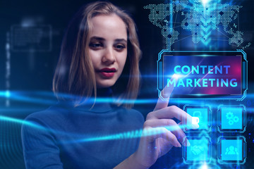 Business, Technology, Internet and network concept. Young businessman working on a virtual screen of the future and sees the inscription: Content marketing