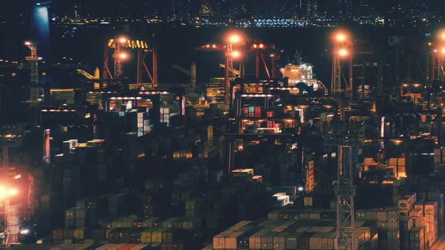 Night time time-lapse of Tsing Yi container terminal in Hong Kong 