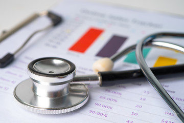 Stethoscope on charts and graphs spreadsheet paper, Finance, Account, Statistics, Investment, Analytic research data economy and Business company concept.