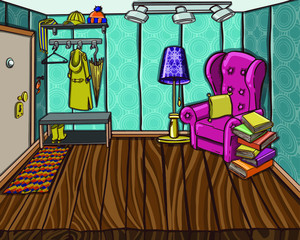 Cozy home entrance hall interior,  clothes hanger, shoe bench,  carpet, chest of drawers, backpack, umbrella in flat cartoon style. Vector illustration.