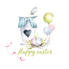 Hand drawing watercolor сhildren's spring illustration -  nest with green leaves, balloons, branches, eggs, butterfly and birdhouse. perfect for fabric textile, scrapbooking, cards for easter.