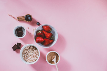 Healthy Breakfast. Oats, berries and coconut sugar, copy space top view