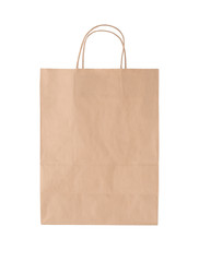 Mockup of kraft paper bag with handle isolated on white background