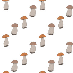 Seamless pattern with forest mushrooms on white background. Vector image.