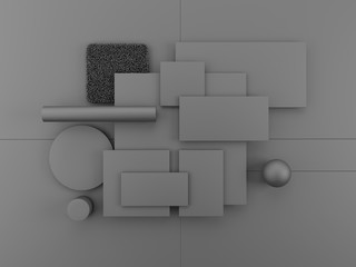 Geometric objects on gray background. Set of blank rectangles, square, cylinder, sphere for material palettes. 3d render.