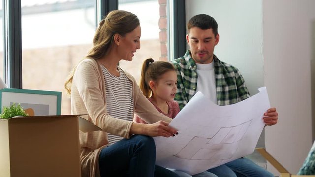 mortgage, family and real estate concept - happy mother, father and little daughter with blueprint and stuff in boxes moving to new home