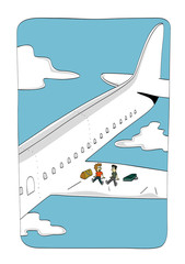 Two men with their luggage traveling on the wing of an airplane in the sky. Humorous cute funny vector illustration cartoon style.