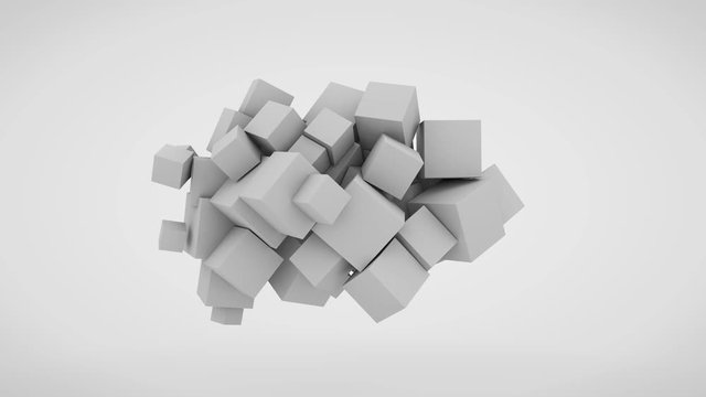 3D abstract animation of mathematical chaos. on a white background, white cubes of different sizes appear and pile up in the air randomly accumulating.