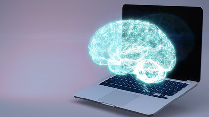 laptop on a white background with purple gradient and graphic of the human computer brain.3d rendering