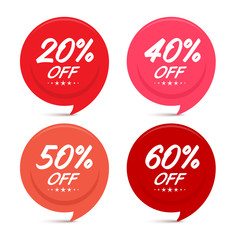 Red Discount Labels Set. 20, 40, 50, 60 % percent off Vector Elements. Sale Round Tags.