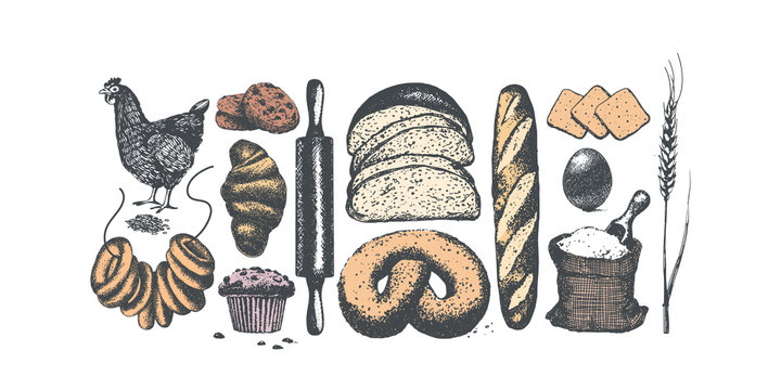 Bakery products. Set of vector sketches. Hand drawn illustrations.