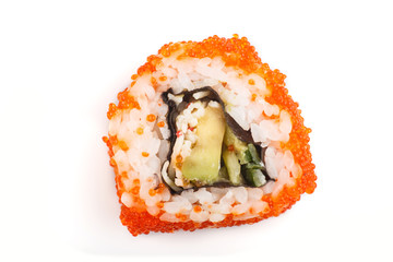 Japanese maki sushi rolls with flying fish roe isolated on white background. Top view © zgurski1980