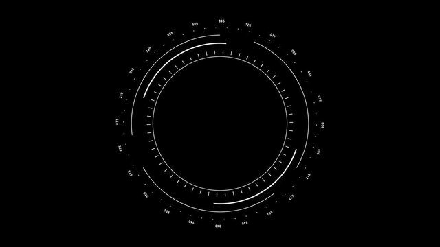 PNG Alpha.Looping 10 sec HUD circle animation. Technological futuristic seamless abstract rotation.High resolution for 3D animated texture.HUD template with transparent alpha channel background.Type 5