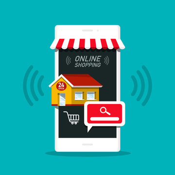 Online Shopping Application on Mobile Phone - Web Shop Vector Icon