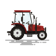 Obraz na płótnie Canvas Red Tractor Vector Illustration. Side View Agricultural Machinery Isolated on White Background.