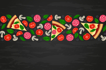Pizza slices and ingredients on black textured backround. Food border with tomato, olive, sausage, mushroom, basil top view. Flat italian fast food vector illustration for web, advert, menu, flyer