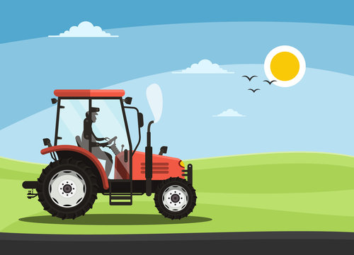 Tractor on Field with Driver Silhouette Vector Illustration