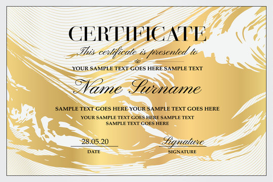 Certificate template with abstract liquid background (marble). Gold design with lines (guilloche pattern) and silver frame useful for Diploma, certificate of appreciation, achievement and any award