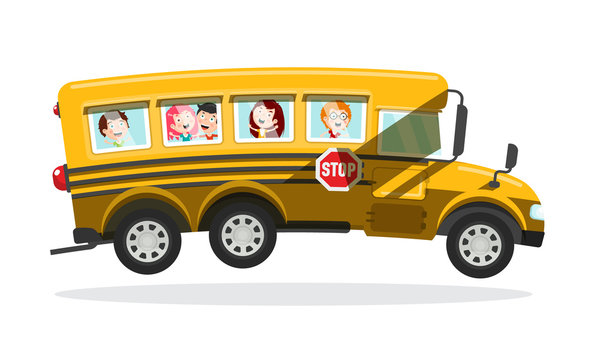 Yellow School Bus with Happy Kids Behind Windows. Children on Trip Vector Illustration.
