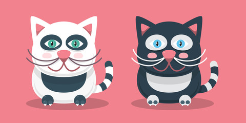 Black and White Cats on Pink Background. Vector Flat Design Pets.