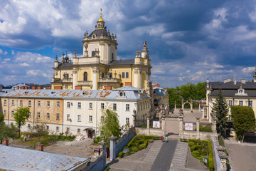 Fototapeta na wymiar Aerial view on St. George's Cathedral in Lviv, Ukraine from drone