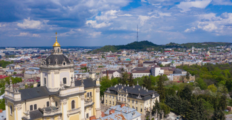 Naklejka premium Aerial view on St. George's Cathedral in Lviv, Ukraine from drone