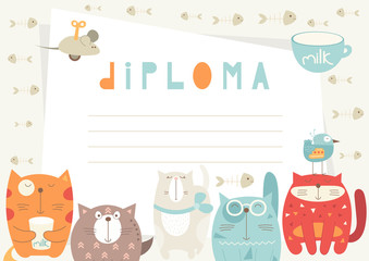 Diploma template with funny cats, bird, mouse toy in doodle cartoon style, certificate background for school, preschool, kindergarten. Vector illustration. Place for text.