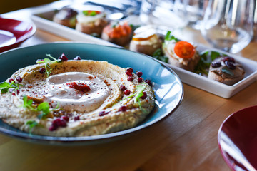 tasty lebanese humus close up view