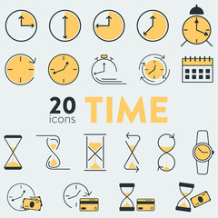 Set of 20 vector icons with time and money related objects. It uncludes hourglasses, watches, clock, alarm, calendar, credit card and cash money. Also can be used as a logo, icon or badge