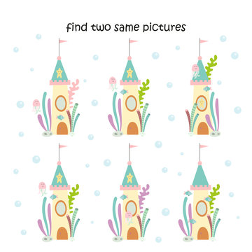Find two same pictures - mermaids house. Logic games for kids. Vector illustration.