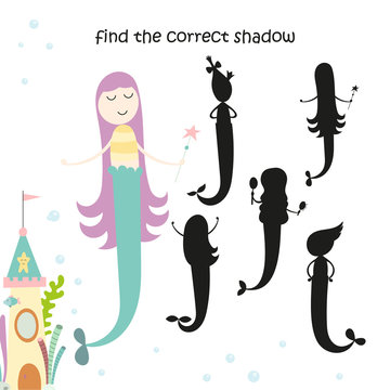 Find correct shadow of mermaid. Logic games for kids. Little mermaid. Vector illustration.