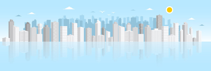 Abstract Modern City Skyline With Skyscrapers and Ocean on Foreground Vector Flat Design Illustration