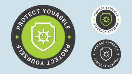 Protect yourself stamp vector illustration. Immune system concept. Hygienic medical shield protecting from coronavirus COVID-19. Vector combination for flat style certificate.