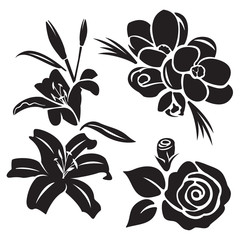 Black and white flower silhouette illustration set including Lilies, Saffron, and Rose