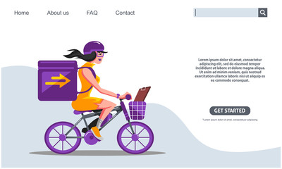Fototapeta premium Landing page design. Beauty girl riding purple bicycle carrying boxes express delivery service. Web banner design, Flat style illustration. Scalable and editable vector.