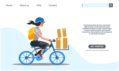 Landing page design.  Beauty girl  riding blue bicycle carrying boxes delivery service. Web banner design, bicycle club, Flat style illustration. Scalable and editable vector.