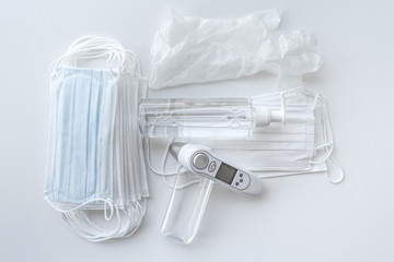 Equipment for coronavirus protection. This is a set that is a mask and hand sanitizer for personal protectio from COVID-19.