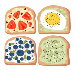 Set healthy sandwiches with vegetables and fruits .Healthy open sandwiches .Bruschetta with avocado,  salmon and egg . Toast with strawberries and blueberries . Beautiful breakfast .