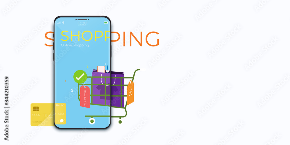 Poster online shopping concept with mobile application technology. digital marketing and e-commerce. vector