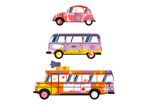 Three colorful hippie cars on a white background. Side view. Flat vector design elements.