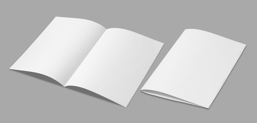 Leaflet folded white paper really,.Fold in half,Open leaflet in square format.Empty paper sheet in A4 size isolated on gray background. Flat ray papers ,studio shot