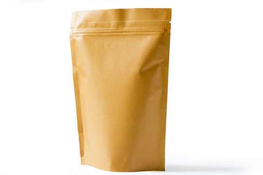 brown paper doypack stand up packaging pouch with zipper on white background