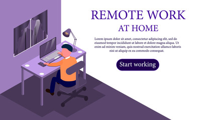 Man working remotely at home in a modern flat style, desktop, laptop and smartphone, concept of distance work at home, modern website template, vector illustration